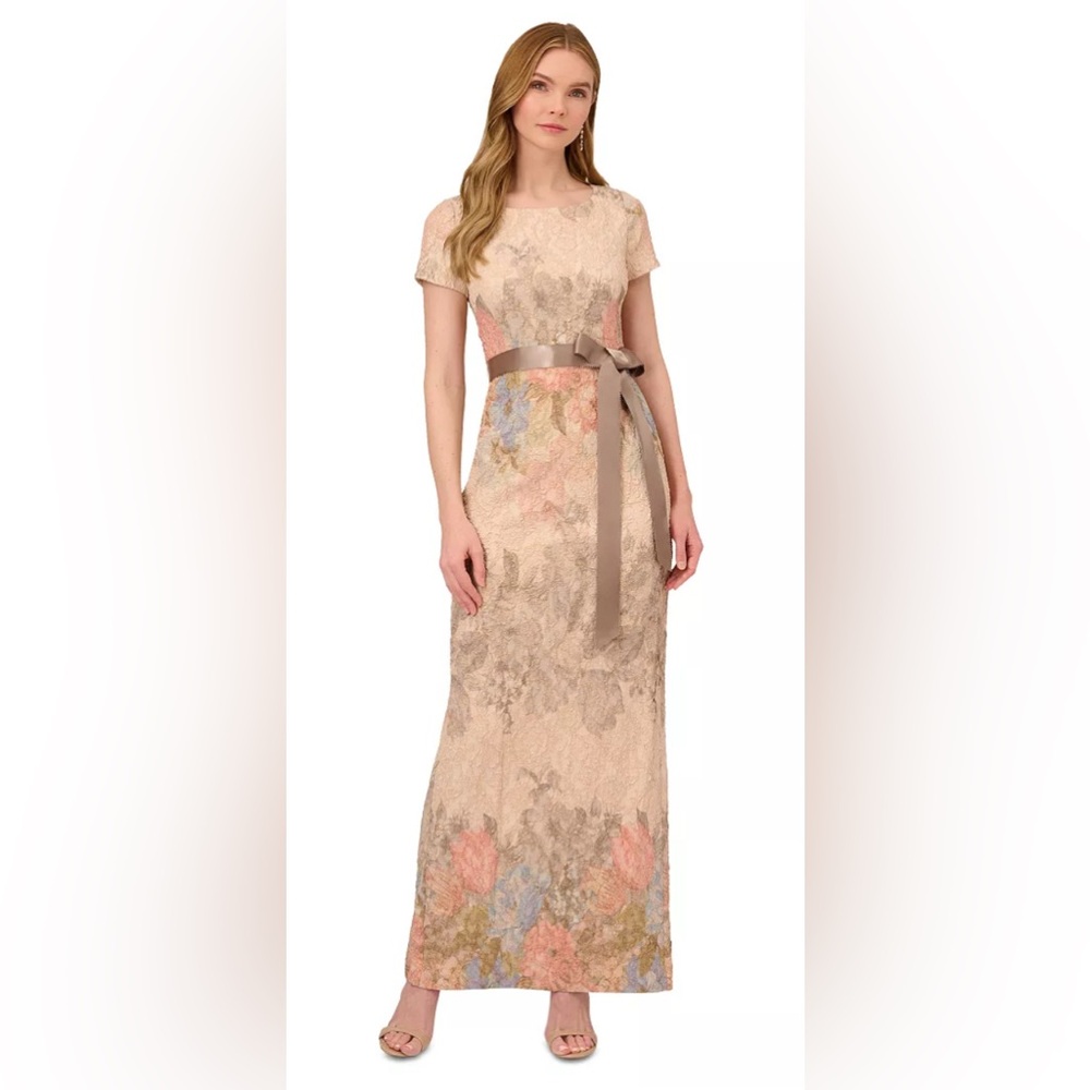 Adrianna Papell Women's Floral-Print Short Sleeve Satin Gown